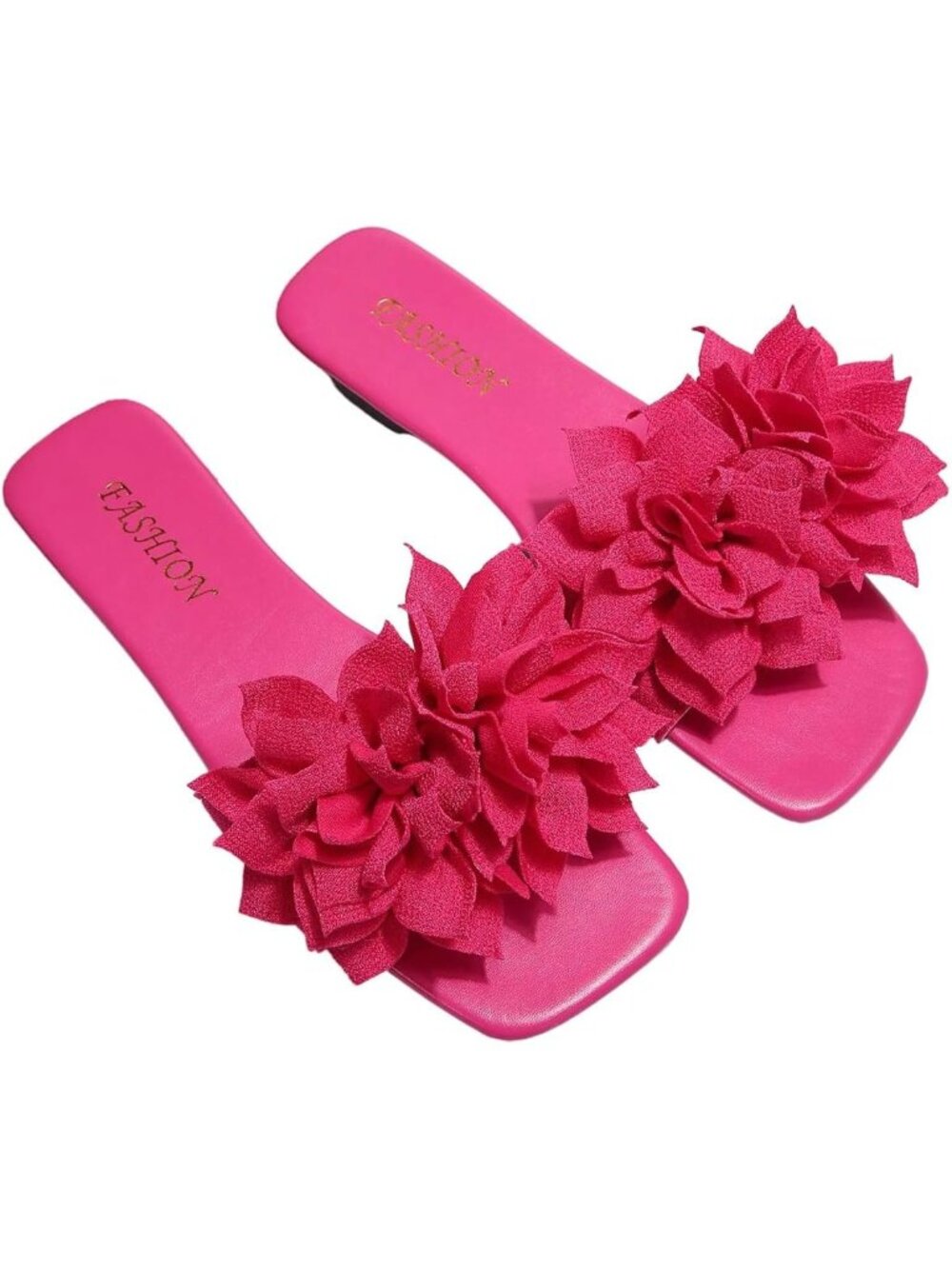 Women's Hot Pink 3D Floral Square Open Toe Single Band Casual Slip on Flat Slide